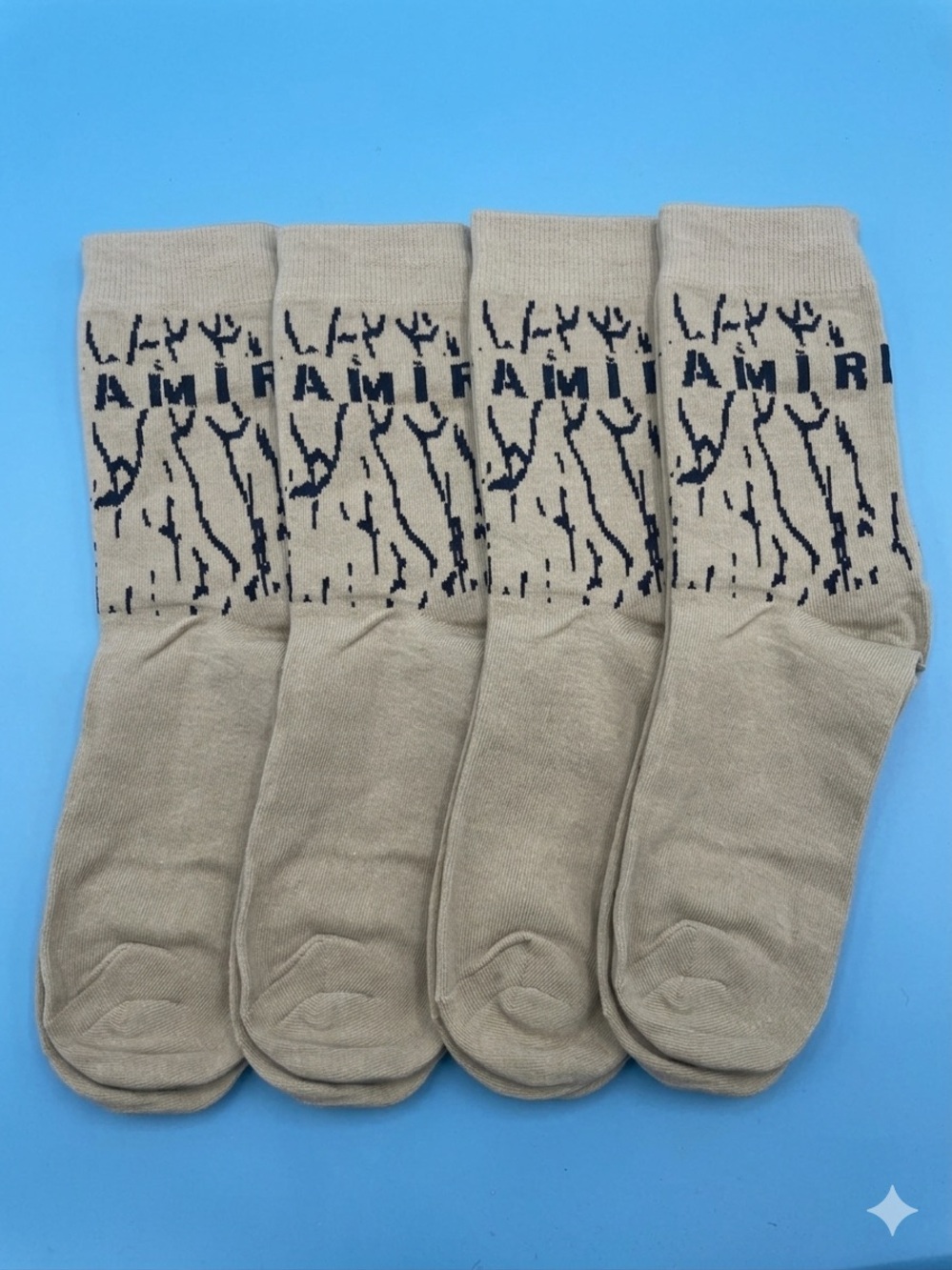 (4 PACK) AMIRI Beige Crew Sock with Navy Logo Pattern